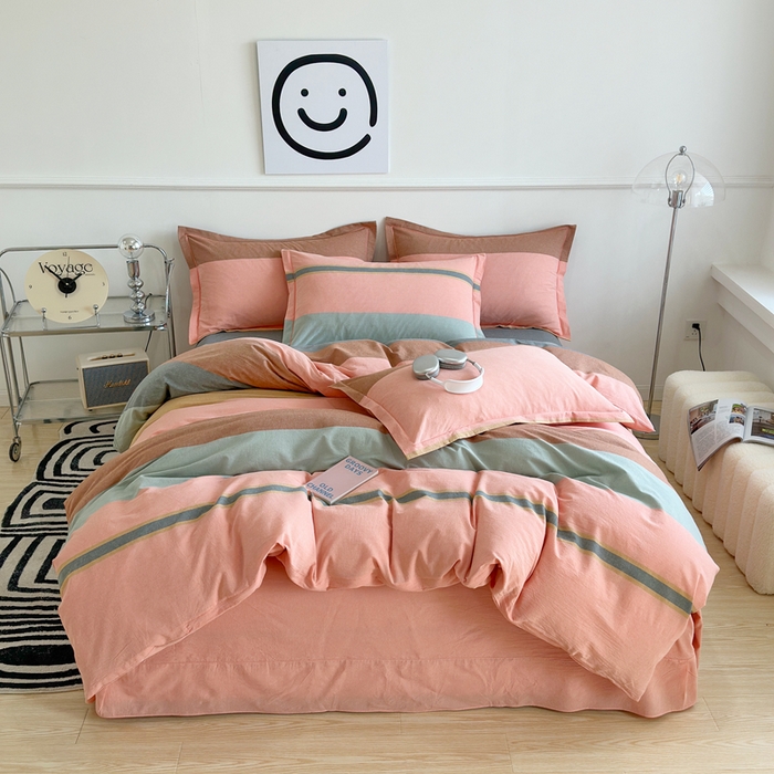 91家纺网 家纺一手货源 找家纺 三沁家居 2025新款格子色织全棉水洗棉四件套直播爆款量大价优 莫兰迪粉