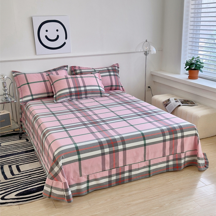 91家纺网 家纺一手货源 找家纺 三沁家居 2025新款格子色织全棉水洗棉四件套直播爆款量大价优 粉色恋人 