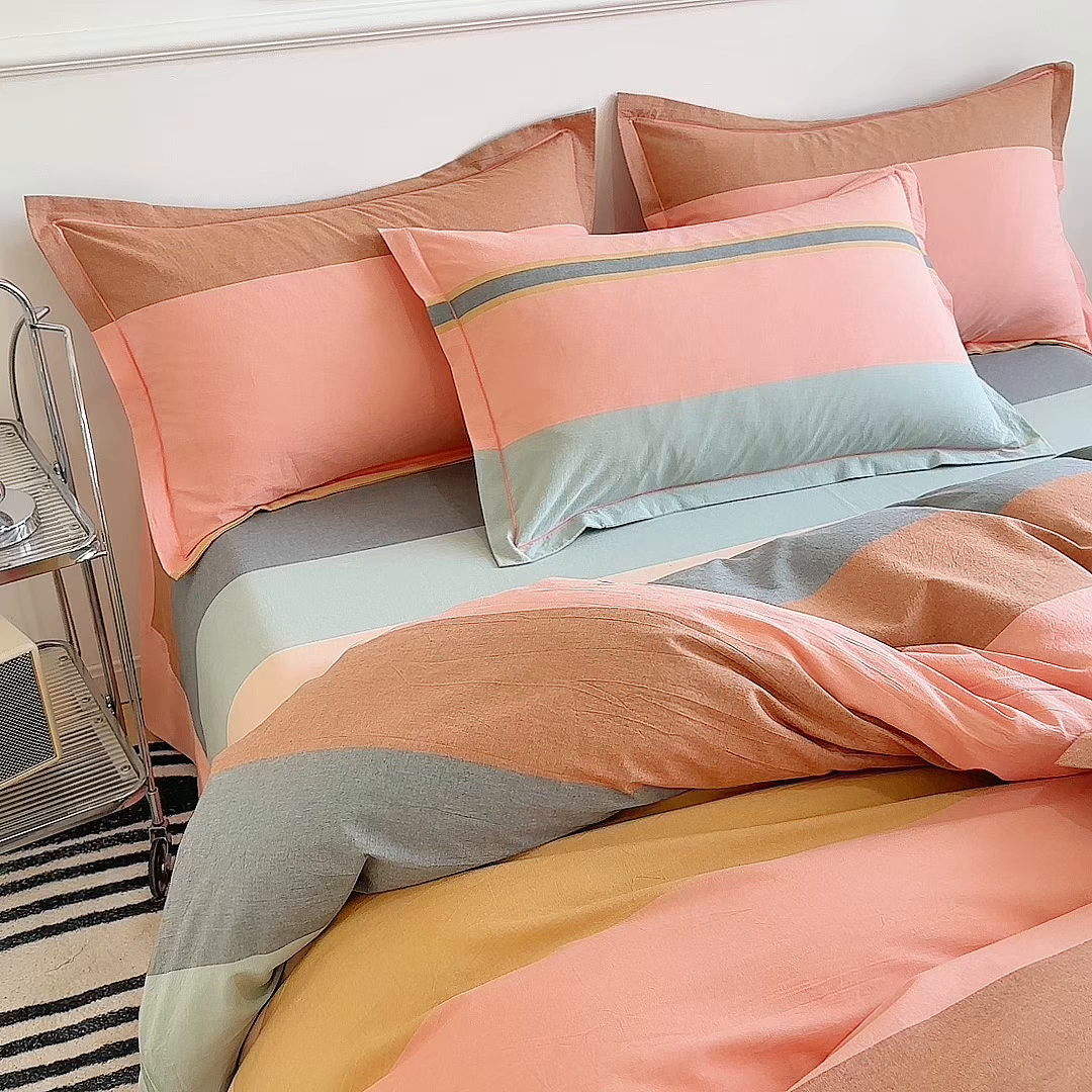 91家纺网 家纺一手货源 找家纺 三沁家居 2025新款格子色织全棉水洗棉四件套直播爆款量大价优 莫兰迪粉