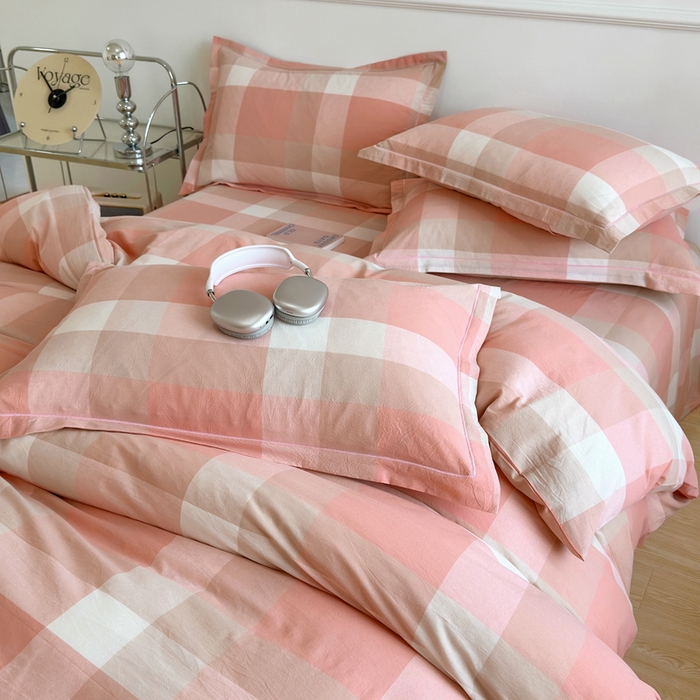 91家纺网 家纺一手货源 找家纺 三沁家居 2025新款格子色织全棉水洗棉四件套直播爆款量大价优 米夕玉咖