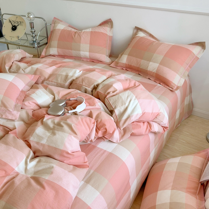 91家纺网 家纺一手货源 找家纺 三沁家居 2025新款格子色织全棉水洗棉四件套直播爆款量大价优 米夕玉咖