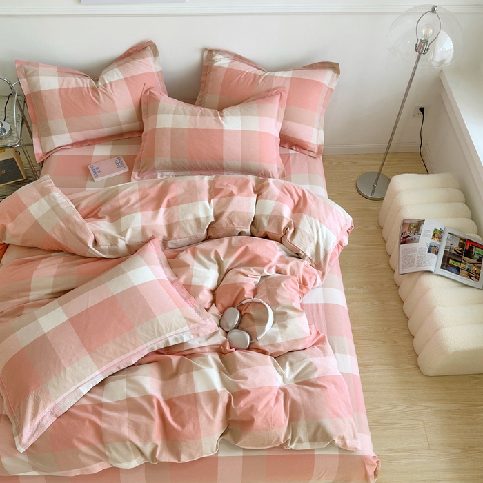 91家纺网 家纺一手货源 找家纺 三沁家居 2025新款格子色织全棉水洗棉四件套直播爆款量大价优 米夕玉咖