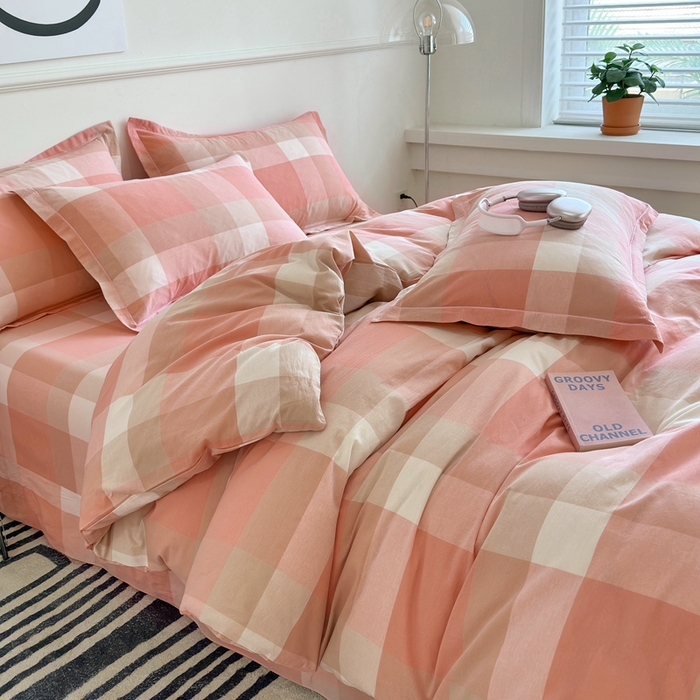 91家纺网 家纺一手货源 找家纺 三沁家居 2025新款格子色织全棉水洗棉四件套直播爆款量大价优 米夕玉咖