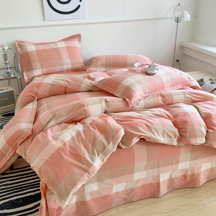 91家纺网 家纺一手货源 找家纺 三沁家居 2025新款格子色织全棉水洗棉四件套直播爆款量大价优 米夕玉咖