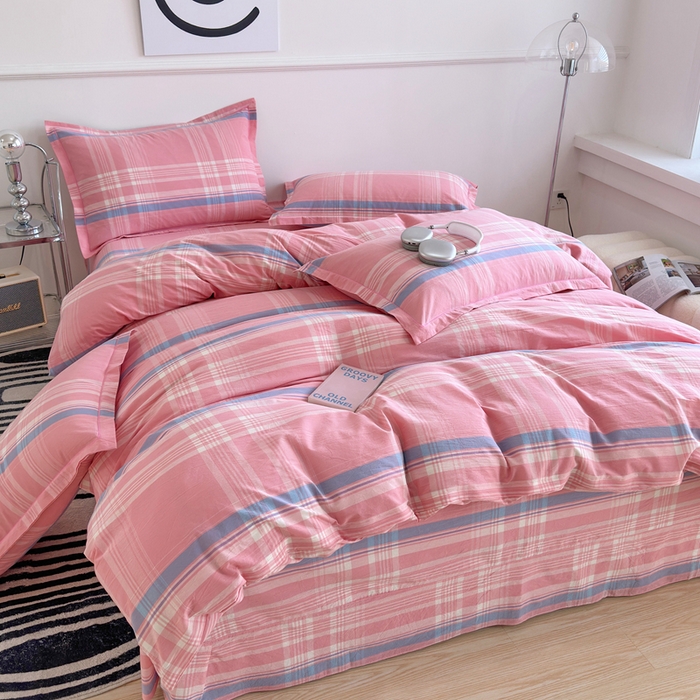 91家纺网 家纺一手货源 找家纺 三沁家居 2025新款格子色织全棉水洗棉四件套直播爆款量大价优 秋荷粉