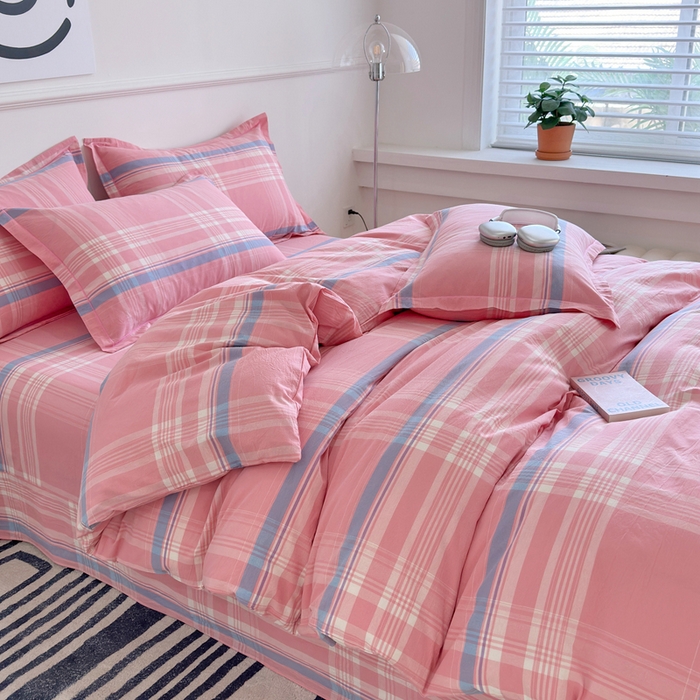 91家纺网 家纺一手货源 找家纺 三沁家居 2025新款格子色织全棉水洗棉四件套直播爆款量大价优 秋荷粉