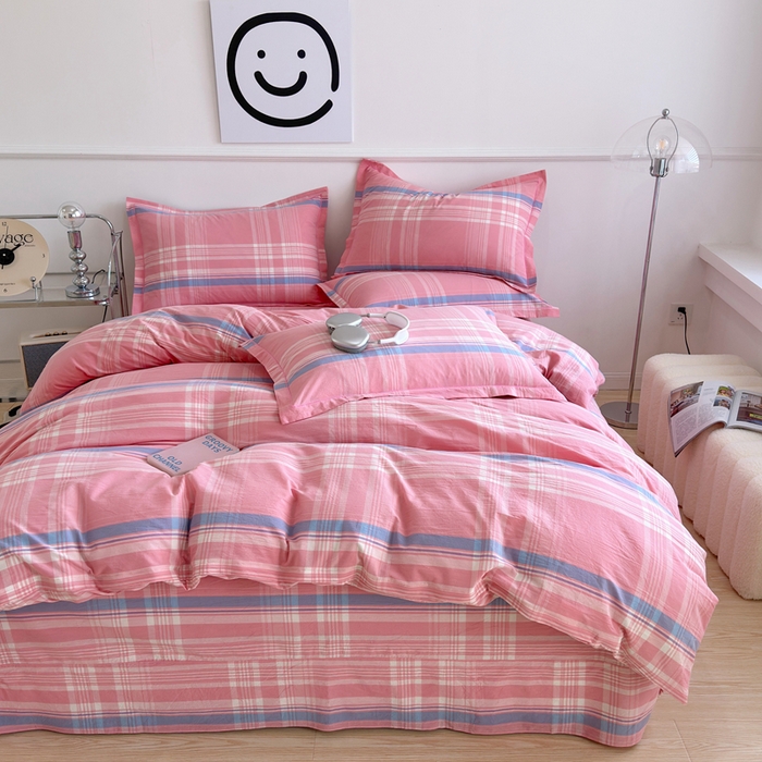 91家纺网 家纺一手货源 找家纺 三沁家居 2025新款格子色织全棉水洗棉四件套直播爆款量大价优 秋荷粉