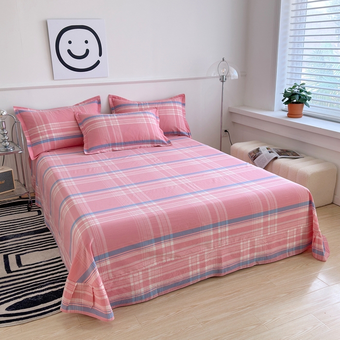 91家纺网 家纺一手货源 找家纺 三沁家居 2025新款格子色织全棉水洗棉四件套直播爆款量大价优 秋荷粉