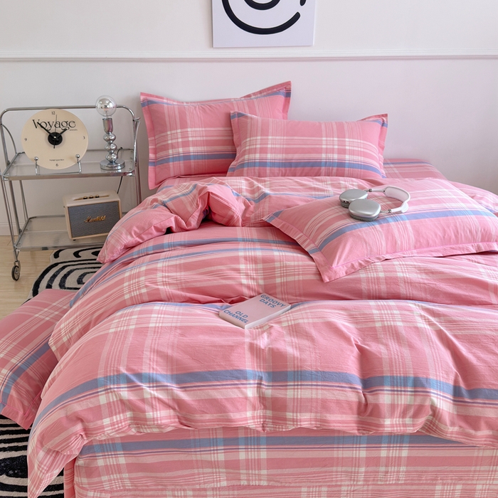 91家纺网 家纺一手货源 找家纺 三沁家居 2025新款格子色织全棉水洗棉四件套直播爆款量大价优 秋荷粉