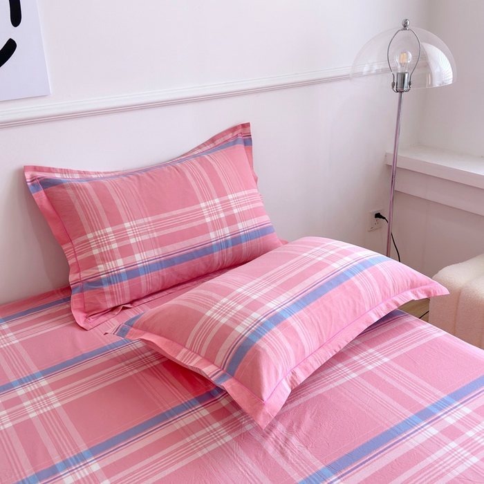 91家纺网 家纺一手货源 找家纺 三沁家居 2025新款格子色织全棉水洗棉四件套直播爆款量大价优 秋荷粉