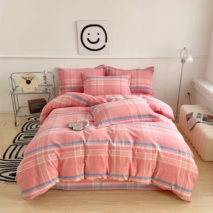 91家纺网 家纺一手货源 找家纺 三沁家居 2025新款格子色织全棉水洗棉四件套直播爆款量大价优 秋荷粉