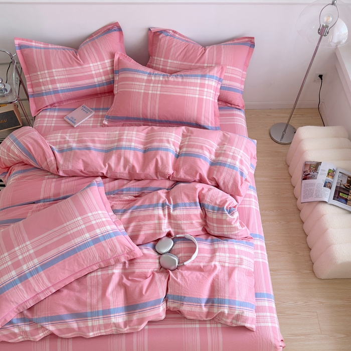 91家纺网 家纺一手货源 找家纺 三沁家居 2025新款格子色织全棉水洗棉四件套直播爆款量大价优 秋荷粉