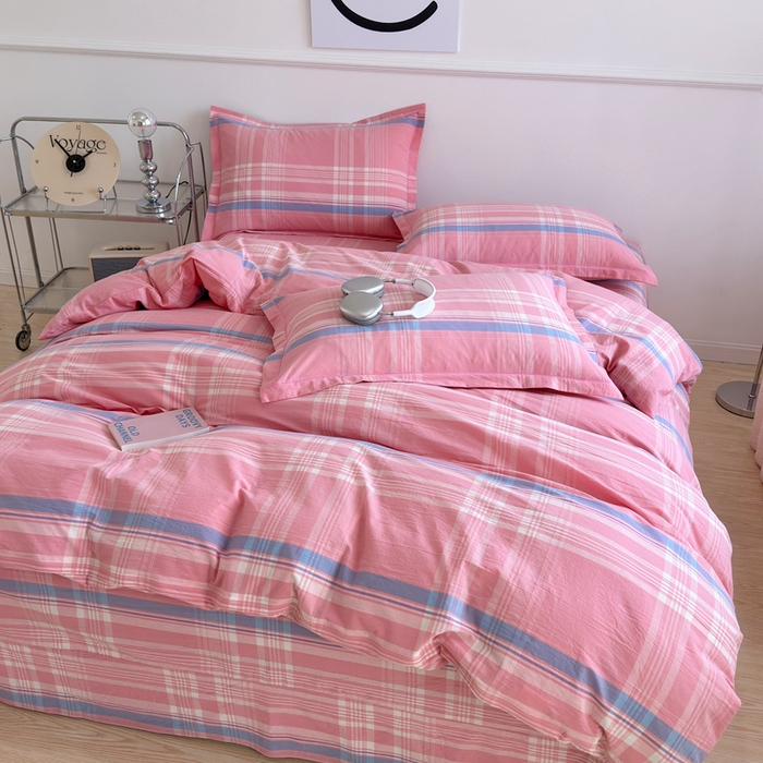 91家纺网 家纺一手货源 找家纺 三沁家居 2025新款格子色织全棉水洗棉四件套直播爆款量大价优 秋荷粉