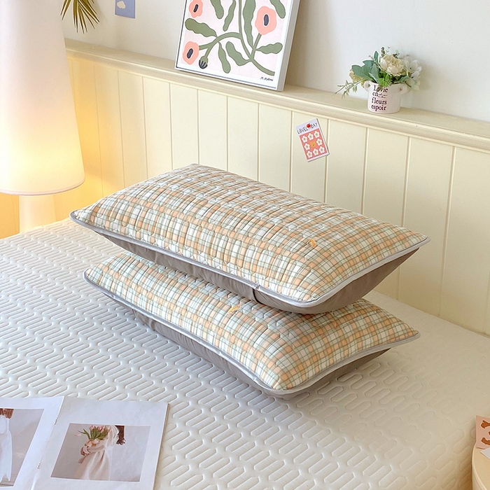 91家纺网 家纺一手货源 找家纺 雨彤家纺 2025年新款A类凉感丝乳胶单人枕套 轻盈格-橙