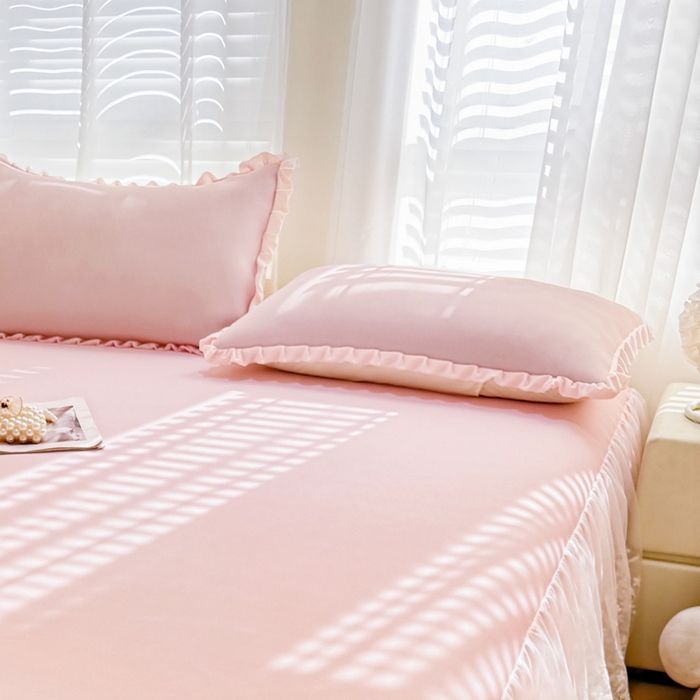 91家纺网 家纺一手货源 找家纺 LIFE.丽芙 2025春夏新款独家研发太空层凉感冰丝双层荷叶边枕头套 樱花粉