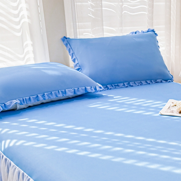 91家纺网 家纺一手货源 找家纺 LIFE.丽芙 2025春夏新款独家研发太空层凉感冰丝双层荷叶边枕头套 冰蓝