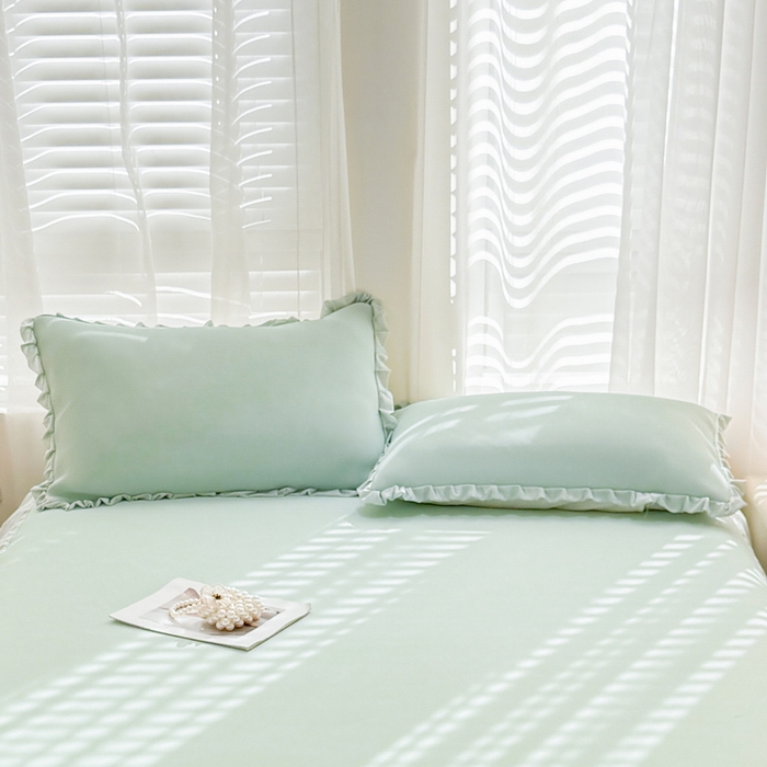 91家纺网 家纺一手货源 找家纺 LIFE.丽芙 2025春夏新款独家研发太空层凉感冰丝双层荷叶边枕头套 水绿