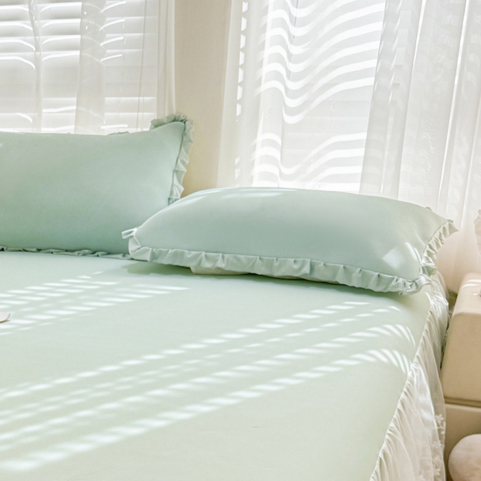 91家纺网 家纺一手货源 找家纺 LIFE.丽芙 2025春夏新款独家研发太空层凉感冰丝双层荷叶边枕头套 水绿