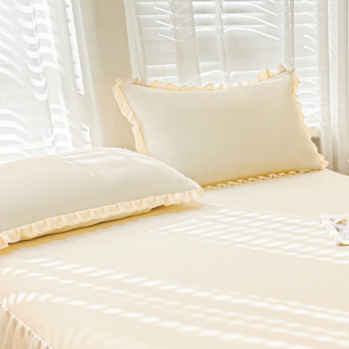 91家纺网 家纺一手货源 找家纺 LIFE.丽芙 2025春夏新款独家研发太空层凉感冰丝双层荷叶边枕头套 奶昔黄