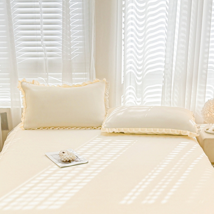 91家纺网 家纺一手货源 找家纺 LIFE.丽芙 2025春夏新款独家研发太空层凉感冰丝双层荷叶边枕头套 奶昔黄