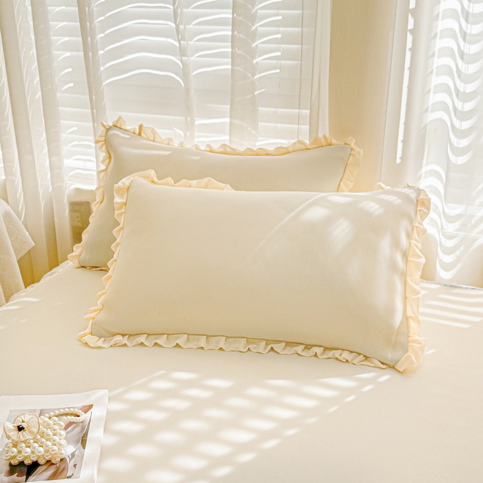 91家纺网 家纺一手货源 找家纺 LIFE.丽芙 2025春夏新款独家研发太空层凉感冰丝双层荷叶边枕头套 奶昔黄