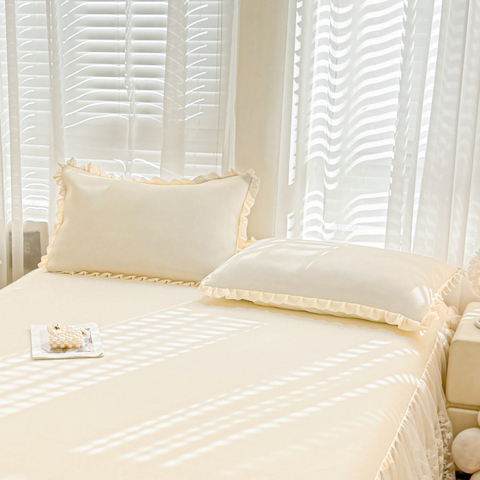 91家纺网 家纺一手货源 找家纺 LIFE.丽芙 2025春夏新款独家研发太空层凉感冰丝双层荷叶边枕头套 奶昔黄