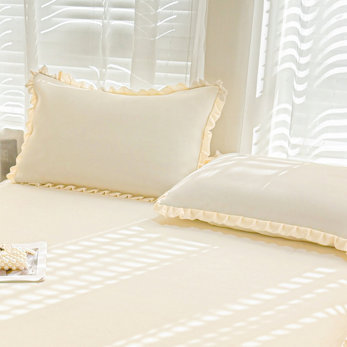 91家纺网 家纺一手货源 找家纺 LIFE.丽芙 2025春夏新款独家研发太空层凉感冰丝双层荷叶边枕头套 奶昔黄