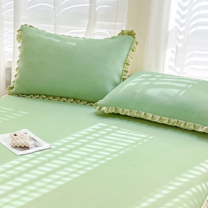 91家纺网 家纺一手货源 找家纺 LIFE.丽芙 2025春夏新款独家研发太空层凉感冰丝双层荷叶边枕头套 牛油果绿