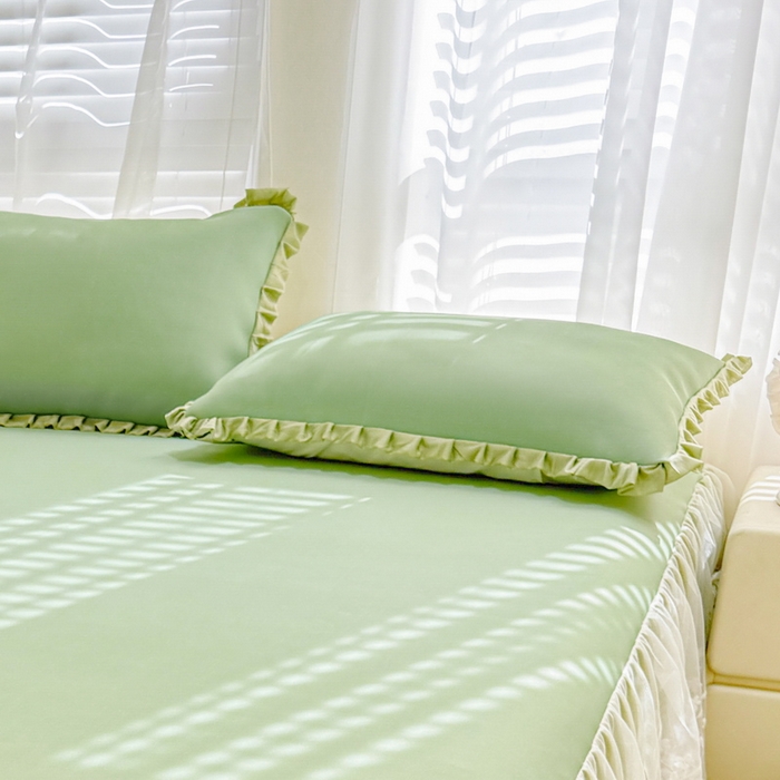 91家纺网 家纺一手货源 找家纺 LIFE.丽芙 2025春夏新款独家研发太空层凉感冰丝双层荷叶边枕头套 牛油果绿