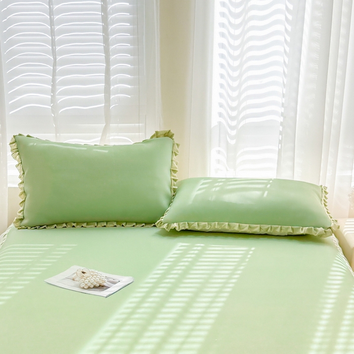 91家纺网 家纺一手货源 找家纺 LIFE.丽芙 2025春夏新款独家研发太空层凉感冰丝双层荷叶边枕头套 牛油果绿