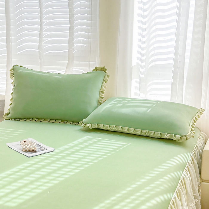 91家纺网 家纺一手货源 找家纺 LIFE.丽芙 2025春夏新款独家研发太空层凉感冰丝双层荷叶边枕头套 牛油果绿