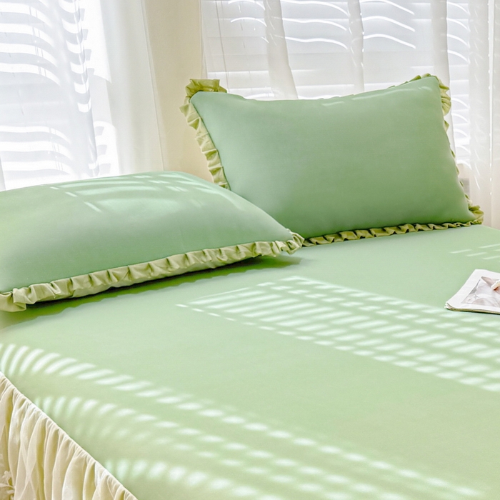 91家纺网 家纺一手货源 找家纺 LIFE.丽芙 2025春夏新款独家研发太空层凉感冰丝双层荷叶边枕头套 牛油果绿