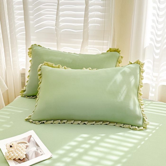 91家纺网 家纺一手货源 找家纺 LIFE.丽芙 2025春夏新款独家研发太空层凉感冰丝双层荷叶边枕头套 牛油果绿