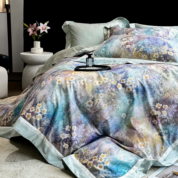 （总）禾时 2025新款100S长绒棉纯棉数码印花双拼角四件套-自然逸梦-绿