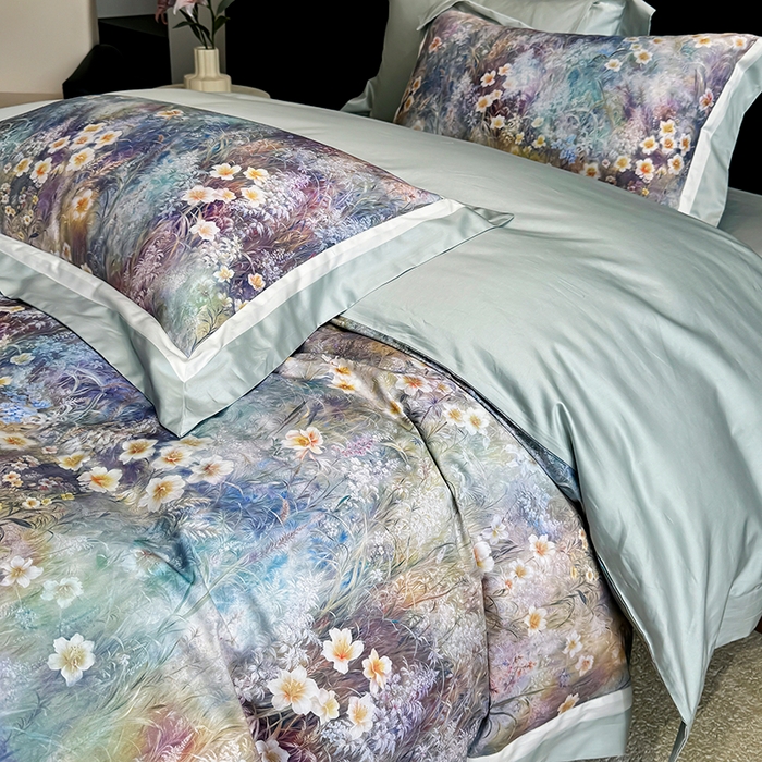 91家纺网 家纺一手货源 找家纺 （总）禾时 2025新款100S长绒棉纯棉数码印花双拼角四件套-自然逸梦-绿