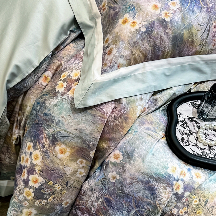 91家纺网 家纺一手货源 找家纺 （总）禾时 2025新款100S长绒棉纯棉数码印花双拼角四件套-自然逸梦-绿