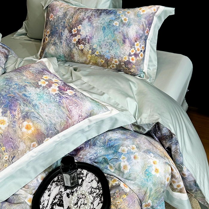 91家纺网 家纺一手货源 找家纺 （总）禾时 2025新款100S长绒棉纯棉数码印花双拼角四件套-自然逸梦-绿