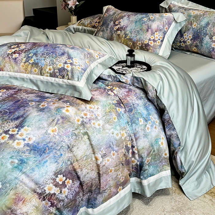 91家纺网 家纺一手货源 找家纺 （总）禾时 2025新款100S长绒棉纯棉数码印花双拼角四件套-自然逸梦-绿