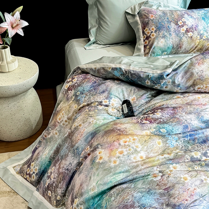 91家纺网 家纺一手货源 找家纺 （总）禾时 2025新款100S长绒棉纯棉数码印花双拼角四件套-自然逸梦-绿