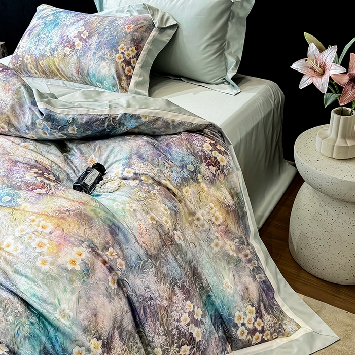 91家纺网 家纺一手货源 找家纺 （总）禾时 2025新款100S长绒棉纯棉数码印花双拼角四件套-自然逸梦-绿