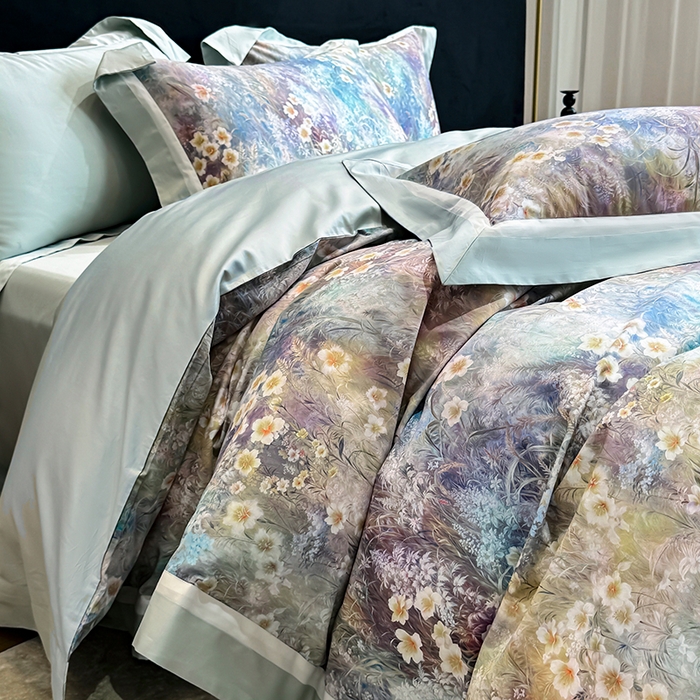 91家纺网 家纺一手货源 找家纺 （总）禾时 2025新款100S长绒棉纯棉数码印花双拼角四件套-自然逸梦-绿