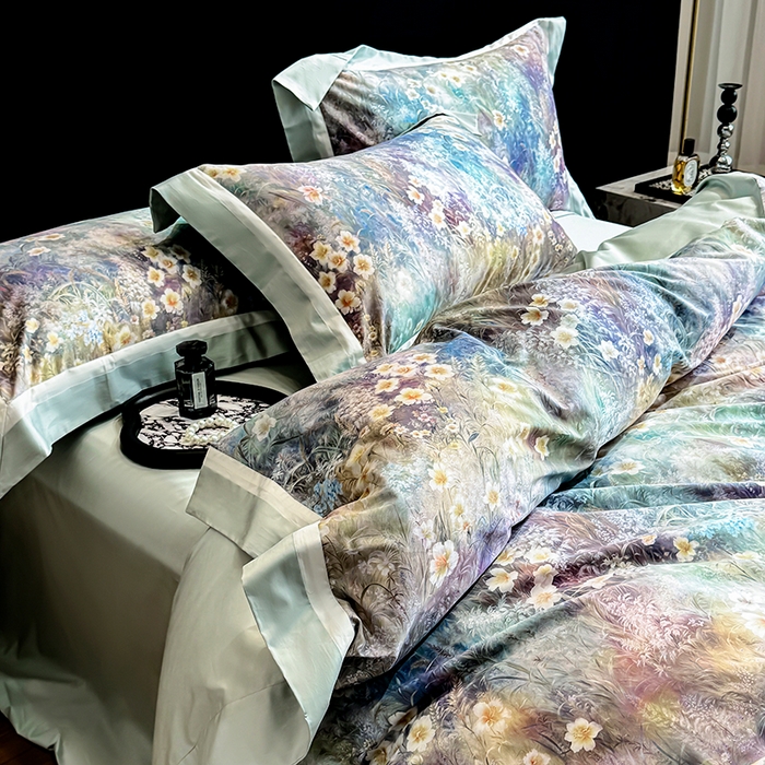 91家纺网 家纺一手货源 找家纺 （总）禾时 2025新款100S长绒棉纯棉数码印花双拼角四件套-自然逸梦-绿