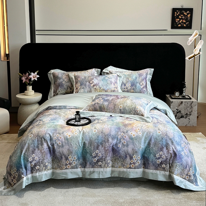 91家纺网 家纺一手货源 找家纺 （总）禾时 2025新款100S长绒棉纯棉数码印花双拼角四件套-自然逸梦-绿