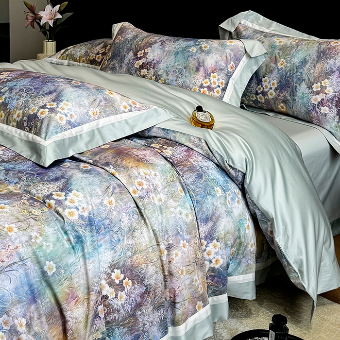 91家纺网 家纺一手货源 找家纺 （总）禾时 2025新款100S长绒棉纯棉数码印花双拼角四件套-自然逸梦-绿