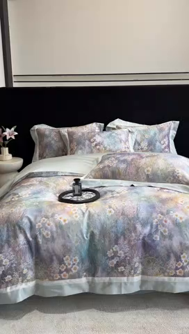 91家纺网 家纺一手货源 找家纺 （总）禾时 2025新款100S长绒棉纯棉数码印花双拼角四件套-自然逸梦-绿