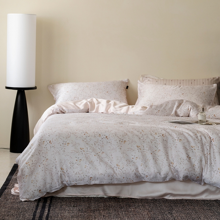 91家纺网 家纺一手货源 找家纺 禾时 2025新款60S兰精天丝数码印花四件套进口莱赛尔床品四件套-慕沙 慕沙-白