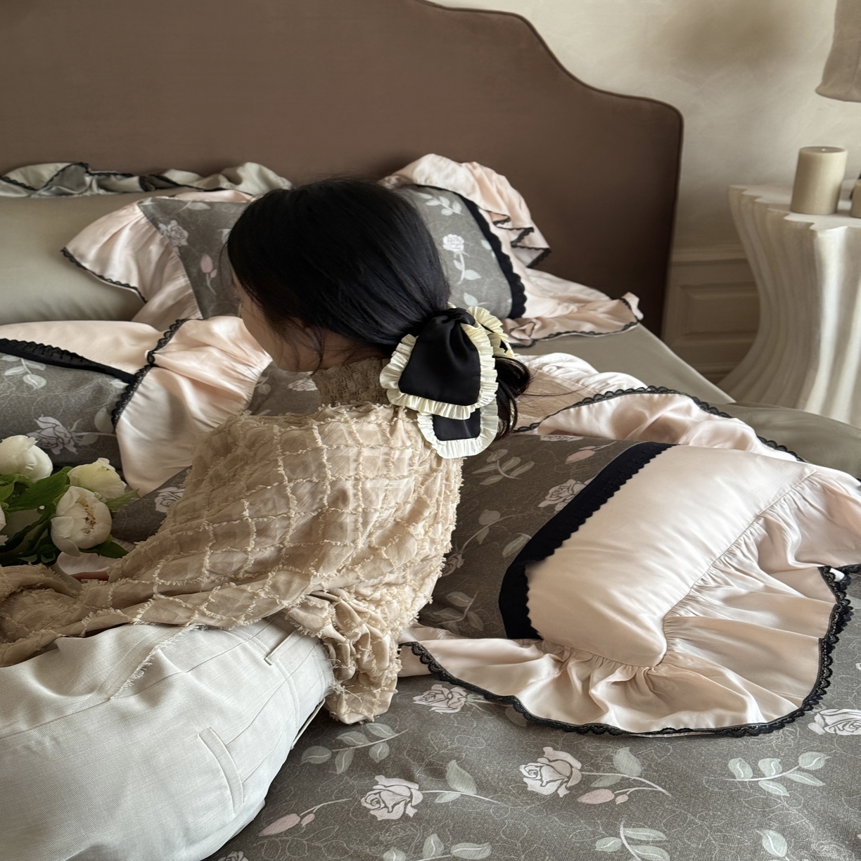 91家纺网 家纺一手货源 找家纺 佳汐蓝家纺 2025春夏新款60s兰精天丝数码印花荷叶花边四件套-芙蕾雅 芙蕾雅-绿色