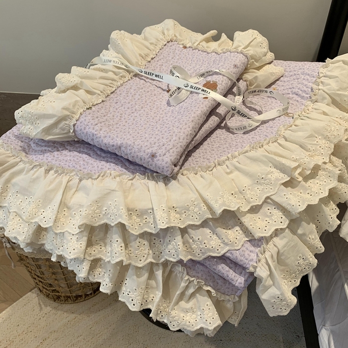 91家纺网 家纺一手货源 找家纺 莱豫家纺 2025春夏新款纯棉全棉花边款床盖三件套 呆呆熊