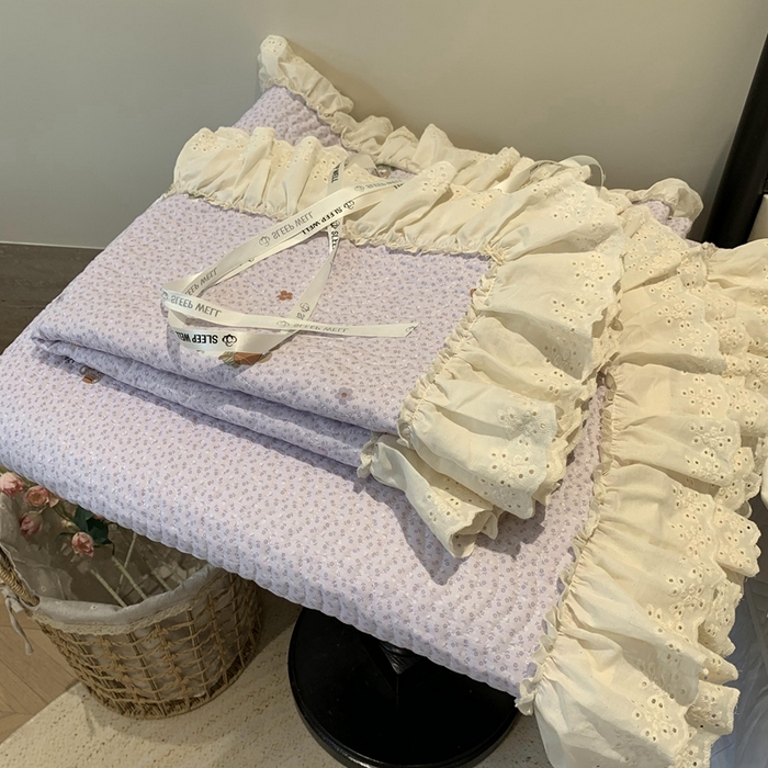 91家纺网 家纺一手货源 找家纺 莱豫家纺 2025春夏新款纯棉全棉花边款床盖三件套 呆呆熊