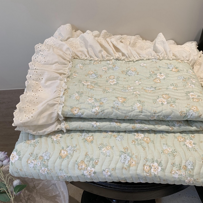 91家纺网 家纺一手货源 找家纺 莱豫家纺 2025春夏新款纯棉全棉花边款床盖三件套 花语绿